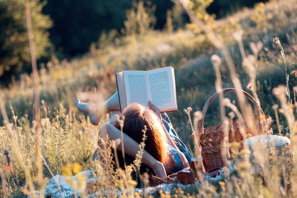 Καλοκαίρι Κορίτσι Διαβάζει Ένα Βιβλίο Για Ένα Πικνίκ Ένα Λιβάδι — Φωτογραφία Αρχείου