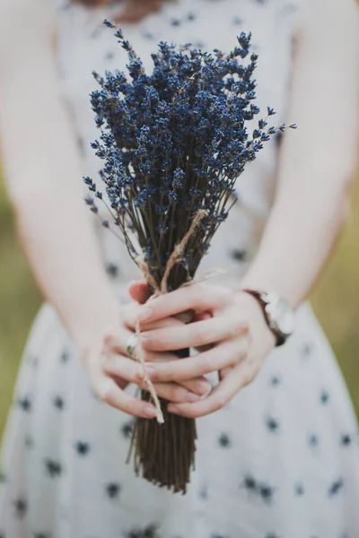 Summer Girl Picnic Meadow Forest Lavender Hand — Stock Photo, Image