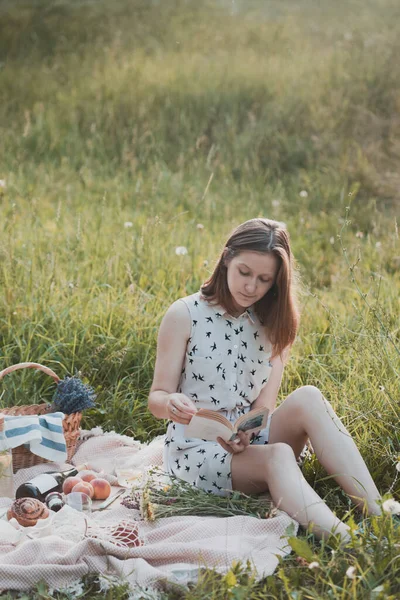 Zomer Meisje Een Picknick Een Weide Bossen — Stockfoto