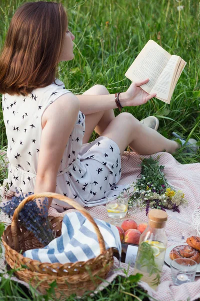 Zomer Meisje Een Picknick Een Weide Bossen — Stockfoto