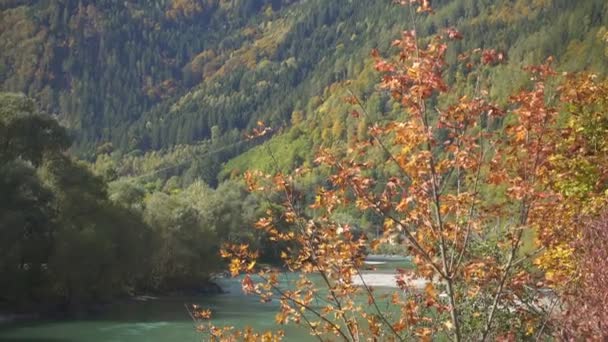 Hegyi Folyó Víz Táj Alpokban Hegyek Tiszta Napos Őszi Nap — Stock videók