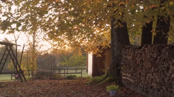 Houten Speeltuin Buurt Van Landelijk Huis Mistige Herfstochtend — Stockvideo