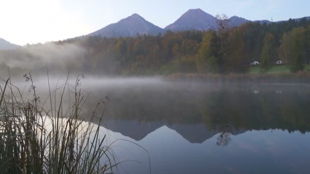 Utsikt Över Den Ganska Morgondimmiga Sjön Vid Austriska Bergen — Stockvideo