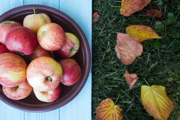 Saftiga Äpplen Träblå Backgroun — Stockfoto