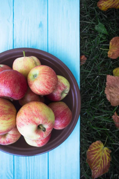 Saftiga Äpplen Träblå Backgroun — Stockfoto