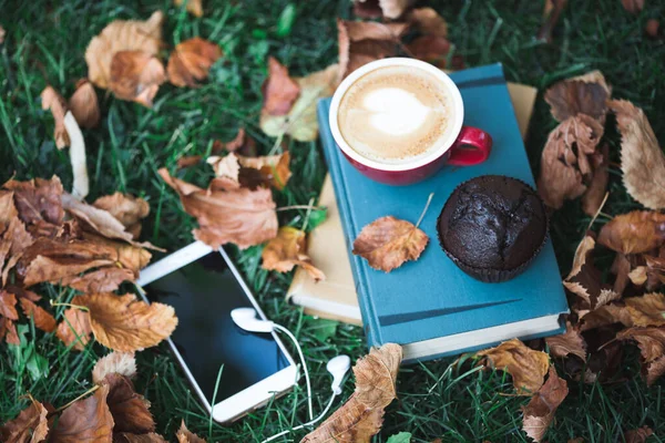 Kitaplar Akıllı Telefon Kulaklıklar Çimenlerin Üzerinde Bir Fincan Kahve Düş — Stok fotoğraf