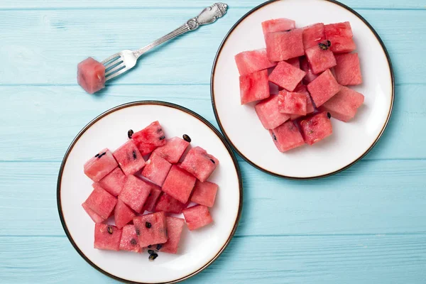 Watermelon Plate Blue Backgroun — Stock Photo, Image