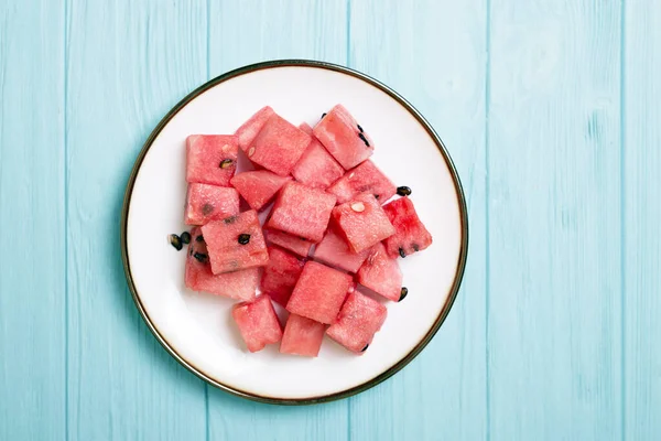 Watermelon Plate Blue Backgroun — Stock Photo, Image