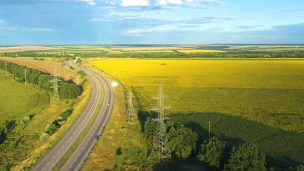 Autobahn Und Sonnenblumenfeld Beleuchtet Durch Die Strahlen Der Untergehenden Sonne — Stockvideo