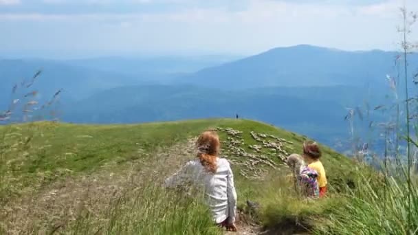 家族や娘たちが山をハイキングしています — ストック動画