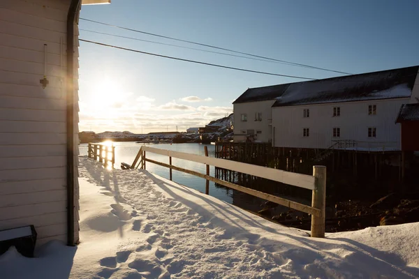 Pequena Baía Inverno Nas Ilhas Lofoten Navios Rorbu Norwa — Fotografia de Stock