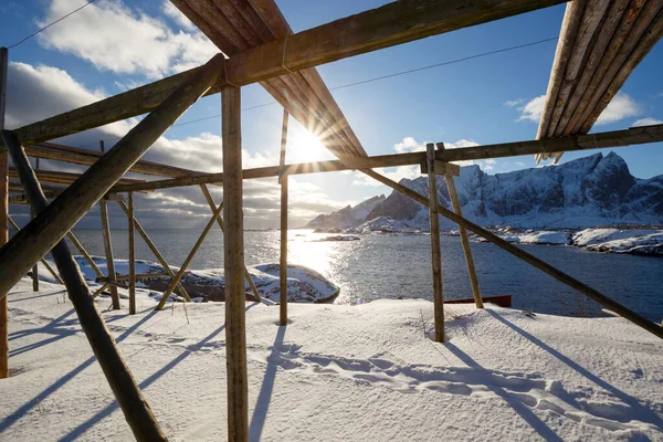 Construcción Para Secado Bacalao Guía Reine Noruega Islas Lofoten Norwa — Foto de Stock