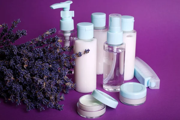 Kit Belleza Viaje Sobre Fondo Morado Champú Bálsamo Crema Loción — Foto de Stock