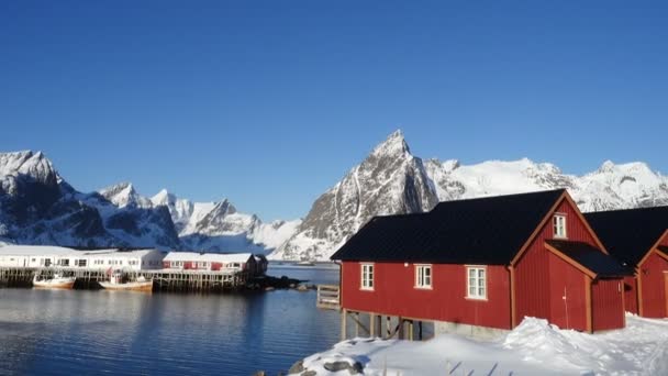 ノルウェー北部のロフトテン諸島の海岸にある有名な伝統的な多色の木造漁家ロルブ — ストック動画