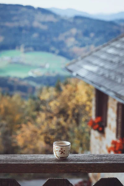 Morning Coffee Mountains Background Austrian Mountains — Stock Photo, Image