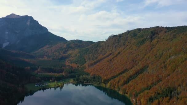 Beautiful Austrian Autumn Langbathsee Lake Colorful Red Trees Shore — Stock Video