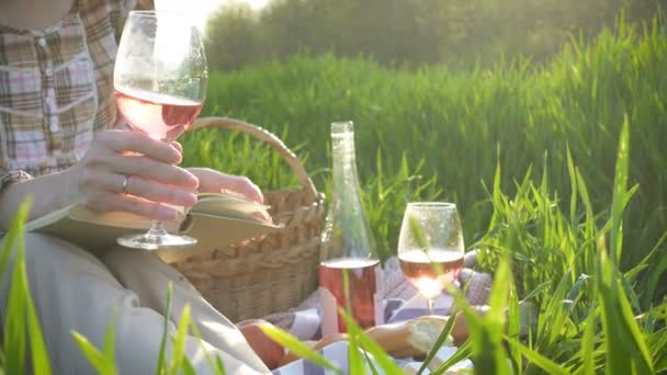 Teilansicht Eines Weintrinkenden Mädchens Beim Picknick Auf Der Grünen Wiese — Stockvideo