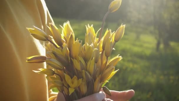 緑の森の芝生の上に立っている黄色のチューリップの花束を持っている10代の女の子春の日 — ストック動画