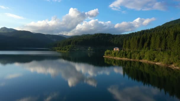 Soir Lac Panorama Aérien Avec Les Belles Reflets Forêt Pins — Video