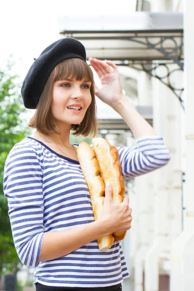 Young Girl Beret Vest Loaves White Rolls — Stock Photo, Image