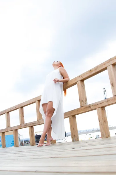 Girl White Dress Standing River Bank — Stock Photo, Image