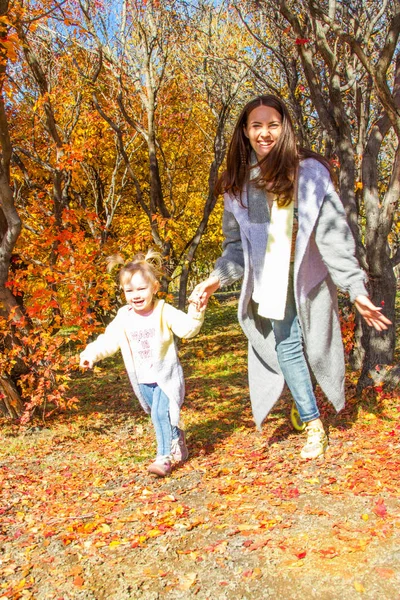 Mom Little Daughter Walking Autumn Park — Stock Photo, Image