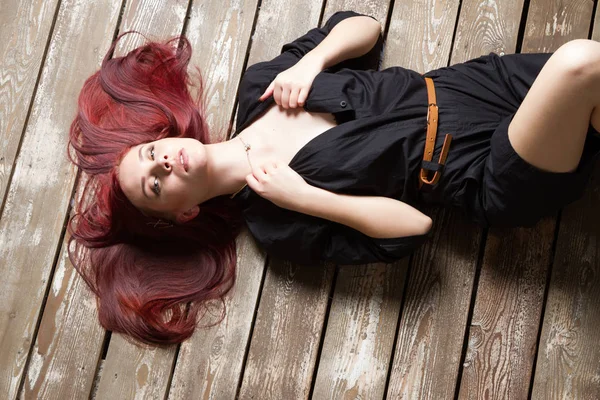 Redheaded Girl Lying Floor — Stock Photo, Image