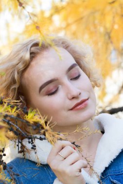 Sarışın bir arka planda sonbahar yaprakları