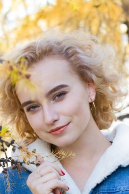 Sarışın bir arka planda sonbahar yaprakları