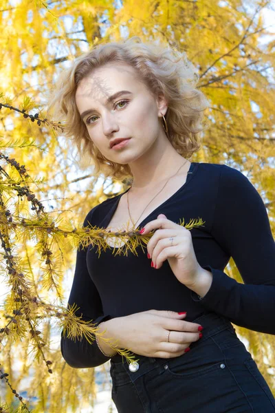 Блондинка Фоне Осенних Листьев — стоковое фото