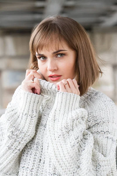 Portrait Young Girl Men Sweater — Stock Photo, Image