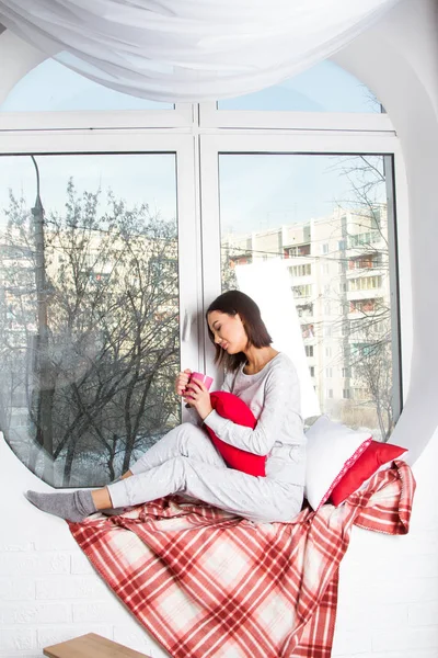 Girl Pajamas Sits Windowsill Drinks Tea — Stock Photo, Image