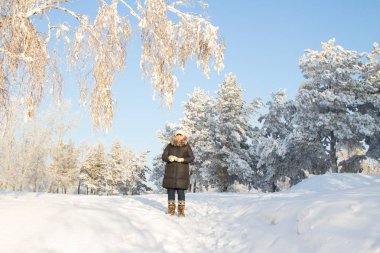 kadın karla kaplı ağaçlar arasında Ormanda yürür
