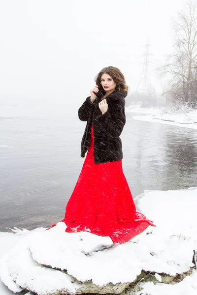 Mädchen Nerzmantel Steht Ufer Eines Winterflusses — Stockfoto