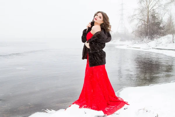 Mädchen Nerzmantel Steht Ufer Eines Winterflusses — Stockfoto