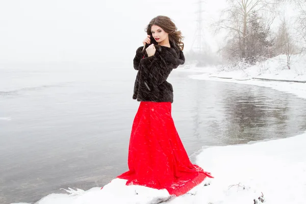 Mädchen Nerzmantel Steht Ufer Eines Winterflusses — Stockfoto