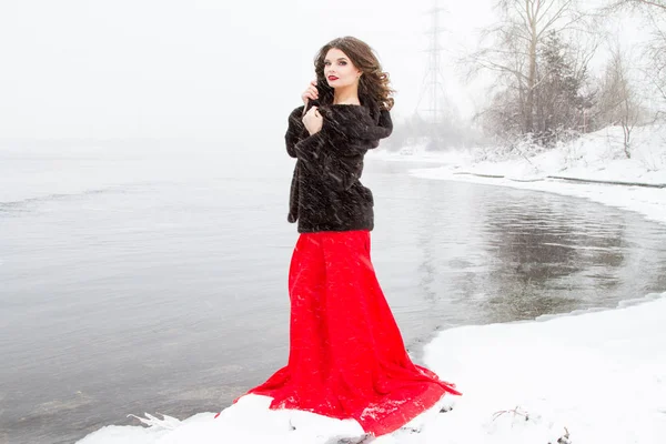 Mädchen Nerzmantel Steht Ufer Eines Winterflusses — Stockfoto