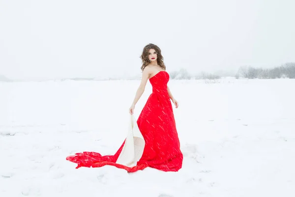 Mädchen Rotem Abendkleid Steht Inmitten Eines Schneebedeckten Feldes — Stockfoto