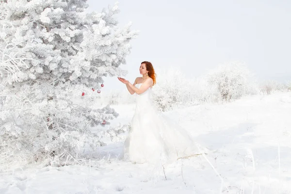 Novia Está Pie Cerca Árbol Navidad Cubierto Heladas Retrato Invierno —  Fotos de Stock