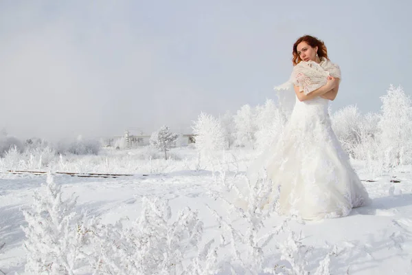 Braut Vor Dem Hintergrund Frostbedeckter Bäume Winterporträt — Stockfoto