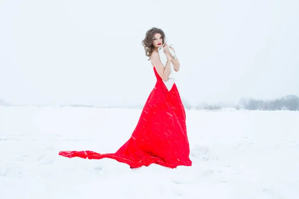 Chica Vestido Rojo Brillante Campo Cubierto Nieve Retrato Invierno —  Fotos de Stock