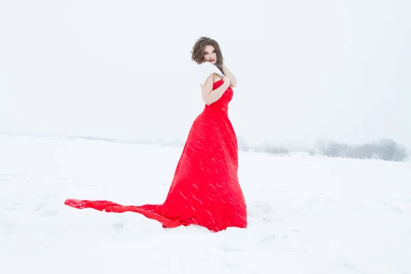 Mädchen Einem Knallroten Kleid Auf Einem Verschneiten Feld Winterporträt — Stockfoto