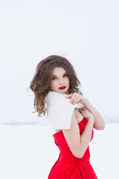 Girl Bright Red Dress Snowy Field Winter Portrait — Stock Photo, Image