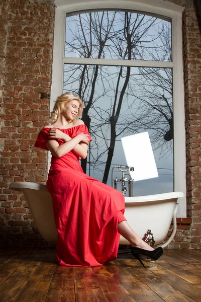 Blonde Long Red Dress Bathroom — Stock Photo, Image