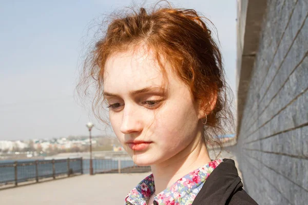 Red Haired Girl Freckles Her Face — Stock Photo, Image