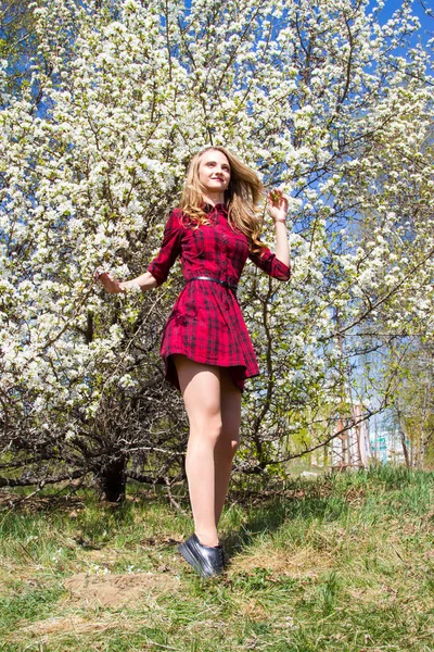 Chica Con Maquillaje Brillante Entre Las Ramas Florecientes Del Manzano — Foto de Stock