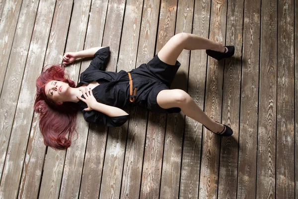 Young Red Haired Girl Lying Board Floor View — Stock Photo, Image