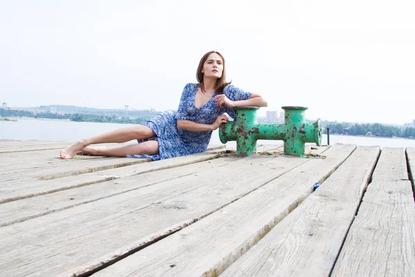 Girl Lying Old Wooden Pier — Stock Photo, Image