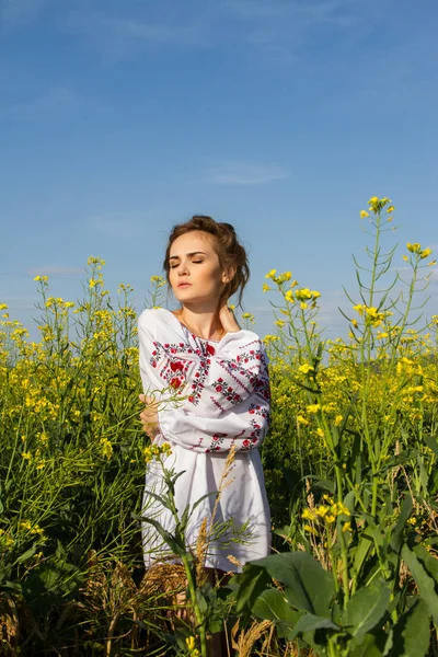 Fille Dans Chemise Ukrainienne Nationale Dans Champ Parmi Les Fleurs — Photo