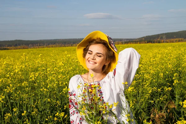 Девушка Национальной Украинской Рубашке Поле Среди Полевых Цветов — стоковое фото